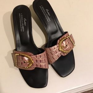 Pink metallic kitten heel mules with gold hardware